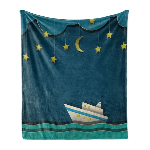 Vintage Boat Soft Flannel Fleece Blanket, Moon and Stars in the Sky Little Boat at Night on Waves Kids Baby, Cozy Plush for Indoor and Outdoor Use, 50" x 70", Night Blue Teal Yellow, by Ambesonne