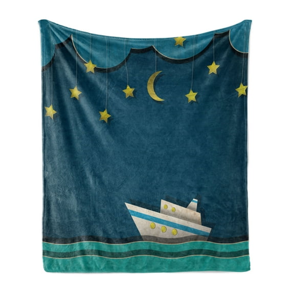 Vintage Boat Soft Flannel Fleece Blanket, Moon and Stars in the Sky Little Boat at Night on Waves Kids Baby, Cozy Plush for Indoor and Outdoor Use, 70" x 90", Night Blue Teal Yellow, by Ambesonne