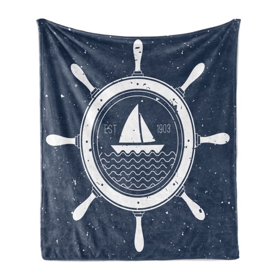 Vintage Boat Soft Flannel Fleece Blanket, Nautical Steering Wheel Grunge Textured Marine Sailing Journey Graphic, Cozy Plush for Indoor and Outdoor Use, 60" x 80", Night Blue White, by Ambesonne