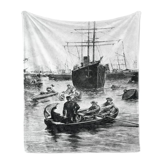 Vintage Boat Soft Flannel Fleece Blanket, San Diego Port Vintage Picture with Ships and Sailboats Old Times Artwork, Cozy Plush for Indoor and Outdoor Use, 70" x 90", Black and White, by Ambesonne