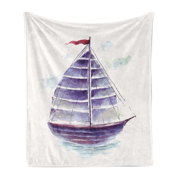 Vintage Boat Soft Flannel Fleece Blanket, Watercolor Art Vibrant Retro Ship Antique Victorian Marine Coastal Charm, Cozy Plush for Indoor and Outdoor Use, 70" x 90", Purple Pale Blue, by Ambesonne