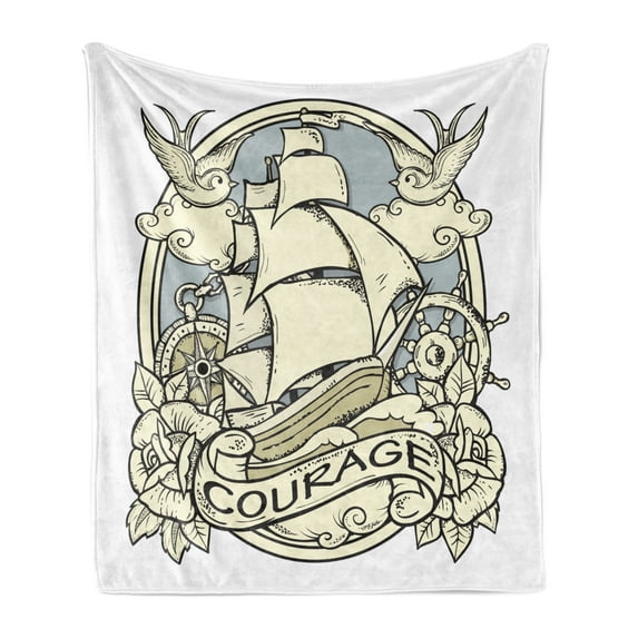 Vintage Boat Soft Flannel Fleece Throw Blanket, Courage Theme with Old Ornamental Ship with Roses Birds Anchor Windrose, Cozy Plush for Indoor and Outdoor Use, 70" x 90", Beige and Grey, by Ambesonne