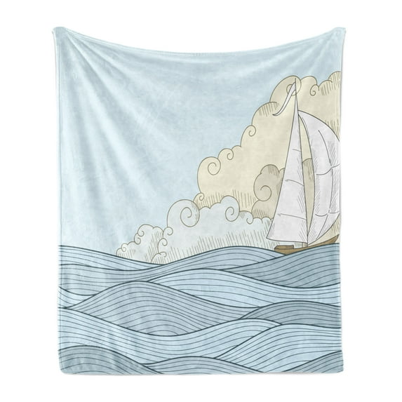 Vintage Boat Soft Flannel Fleece Throw Blanket, Doodle Style Sailing Freedom Concept with Ocean Waves Boat and Clouds, Cozy Plush for Indoor and Outdoor Use, 60" x 80", Baby Blue Cream, by Ambesonne