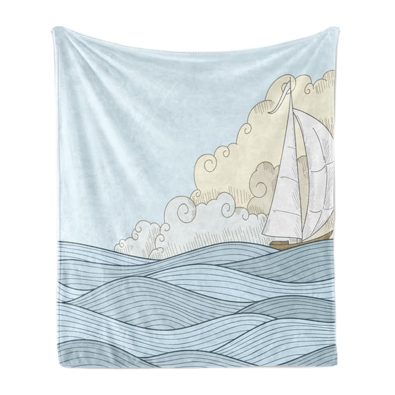 Vintage Boat Soft Flannel Fleece Throw Blanket, Doodle Style Sailing Freedom Concept with Ocean Waves Boat and Clouds, Cozy Plush for Indoor and Outdoor Use, 70" x 90", Baby Blue Cream, by Ambesonne