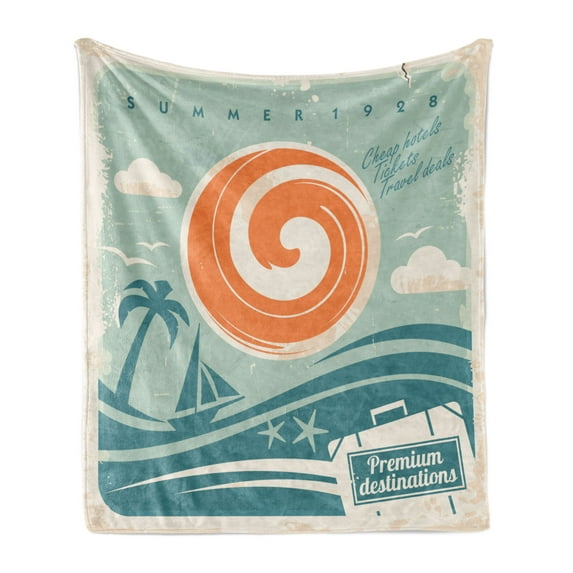 Vintage Boat Soft Flannel Fleece Throw Blanket, Retro Pop Art Summer Vacation Waves Palms Tropical Destinations, Cozy Plush for Indoor and Outdoor Use, 50" x 60", Mint Teal and Orange, by Ambesonne