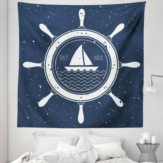 Vintage Boat Tapestry, Nautical Steering Wheel Grunge Textured Marine Sailing Journey Graphic, Fabric Wall Hanging Decor for Bedroom Living Room Dorm, 5 Sizes, Night Blue White, by Ambesonne