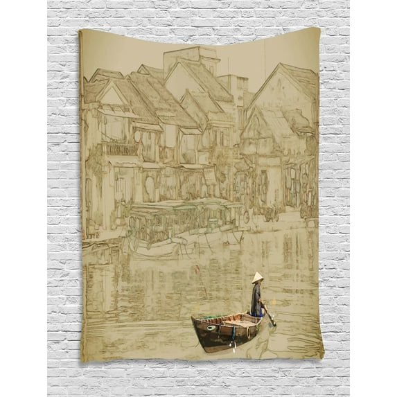 Vintage Boat Tapestry, Vietnam Scenery with A Traditional Ship Sailing on River Asian Culture View, Wall Hanging for Bedroom Living Room Dorm Decor, 40W X 60L Inches, Sepia Beige, by Ambesonne