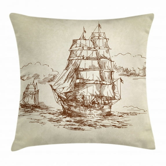 Vintage Boat Throw Pillow Cushion Cover, Historical Weathered Sketch Sailing Ship Antique Naval Voyage Artwork, Decorative Square Accent Pillow Case, 24 X 24 Inches, Beige Chocolate, by Ambesonne