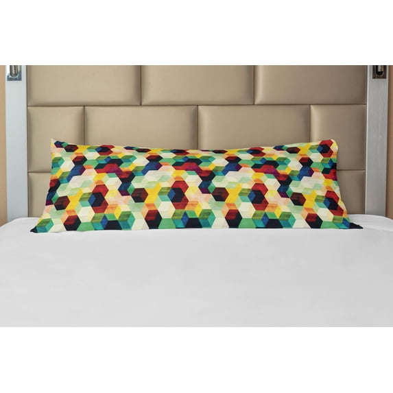 Vintage Body Pillow Case Cover with Zipper, Rhombus Pattern Grunge Effect Hexagonal Pattern Colorful Geometric Mosaic Artwork, Decorative Accent Long Pillowcase, Multicolor, by Ambesonne
