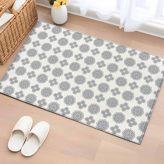 Vintage Bohemia Entryway Rug 2'x3' Non Slip Front Door Mats, Blue Gray Boho Abstract Flowers Beige Entrance Rugs Indoor Outdoor Carpet, Washable Floor Mats Small Area Rug for Bedroom Kitchen