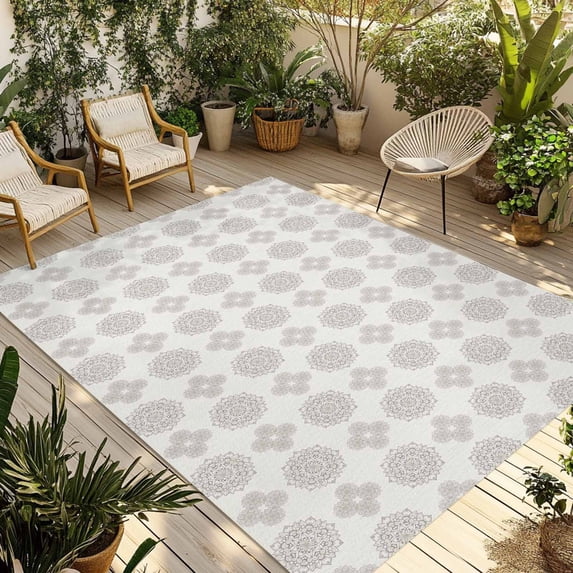 Vintage Bohemia Outdoor Rug for Patio/Deck/Porch, Non-Slip Large Area Rug 6 x 9 Ft, Gray Flowers Boho Pattern Cream Indoor Outdoor Rugs Washable Area Rugs, Reversible Camping Rug Carpet Runner