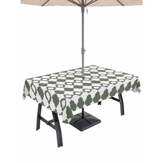 Vintage Bohemia Outdoor Tablecloth - 60x102 Inch Rectangle Dining Table Cover, Minimalist Abstract Geometric Art Green Waterproof Outdoor Table Cloth with Umbrella Hole & Zipper for Picnic/Patio