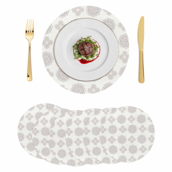 Vintage Bohemia Round 13 Inch Placemats Set of 6, Gray Flowers Boho Pattern Cream HeatResistant Non Slip Place Mats for Dining Table, Wipeable Braided Kitchen Table Mats for Housewarming