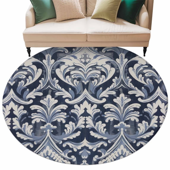 Vintage Bohemia Round Area Rug 8ft Medieval Navy Blue Turkish Pattern Non-Slip Washable Circle Rugs Soft Felt Indoor Floor Mat for Bedroom Kitchen Living Room Bathroom