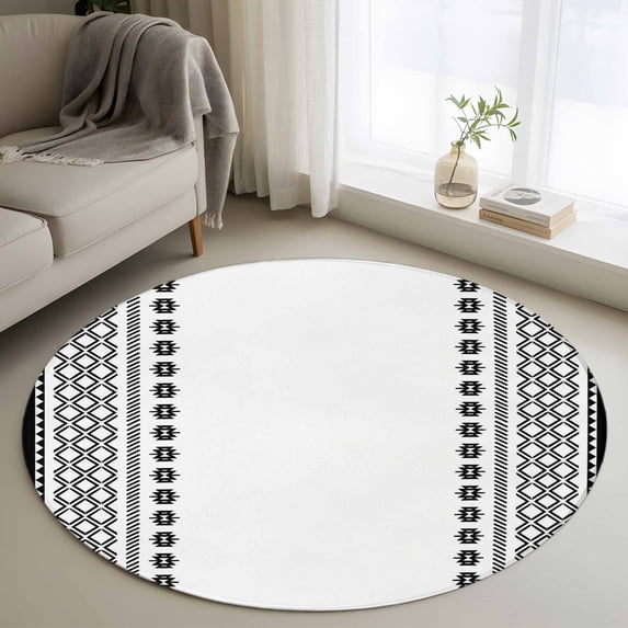 Vintage Bohemia Round Living Room Rugs 3.3 ft, Black Geometric Abstract Striped Country Washable Area Rug with Non-Slip Sturdy Edge Binding Round Front Door Mat Floor Carpet for Entryway
