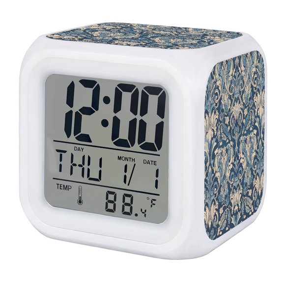 Vintage Bohemia Style Alarm Clock, Medieval Blue Turkish Pattern Digital Clock Night Light with 7 Color, Calendar Temperature Display, LED Desk Small Clock for Bedrooms Bedside Living Room