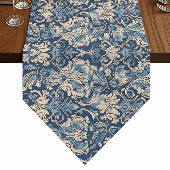 Vintage Bohemia Style Table Runner for Dining Room, Medieval Blue Turkish Pattern Cotton Linen Dining Table Runner Tablecloth Dresser Scarves for Kitchen Cafe 13x48 Inches Long