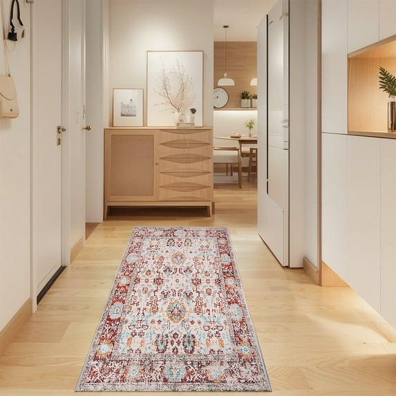 Vintage Bohemian Area Rug, 2x6ft Washable Living Room Rug Indoor Non-Slip, Large Oriental Accent Throw Rug for Kitchen Entryway Bathroom Bedroom Office Carpet (2x6ft/60x180cm)