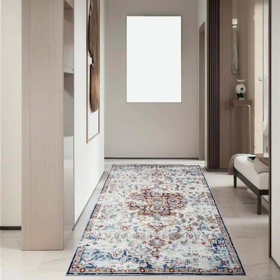 Vintage Bohemian Area Rug, 3x5ft Washable Living Room Rug Indoor Non-Slip, Large Oriental Accent Throw Rug for Kitchen Entryway Bathroom Bedroom Office Carpet (3x5ft/90x150cm)