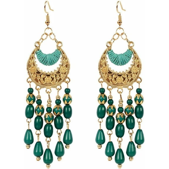 Vintage Bohemian Beaded Red Tassel Earring Layered Drop Dangle Earrings Green Ethnic Chandelier Boho Beads Earrings Jewelry for Women
