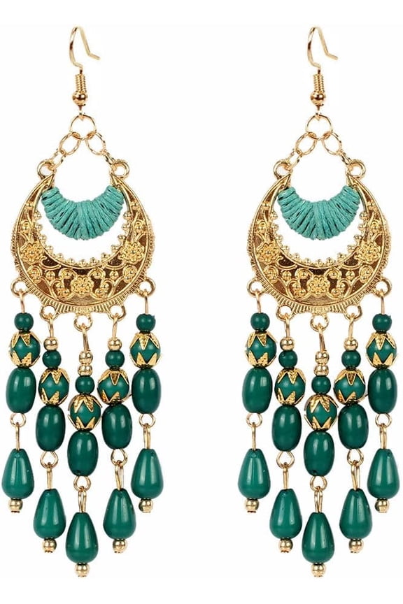Vintage Bohemian Beaded Red Tassel Earring Layered Drop Dangle Earrings Green Ethnic Chandelier Boho Beads Earrings Jewelry for Women