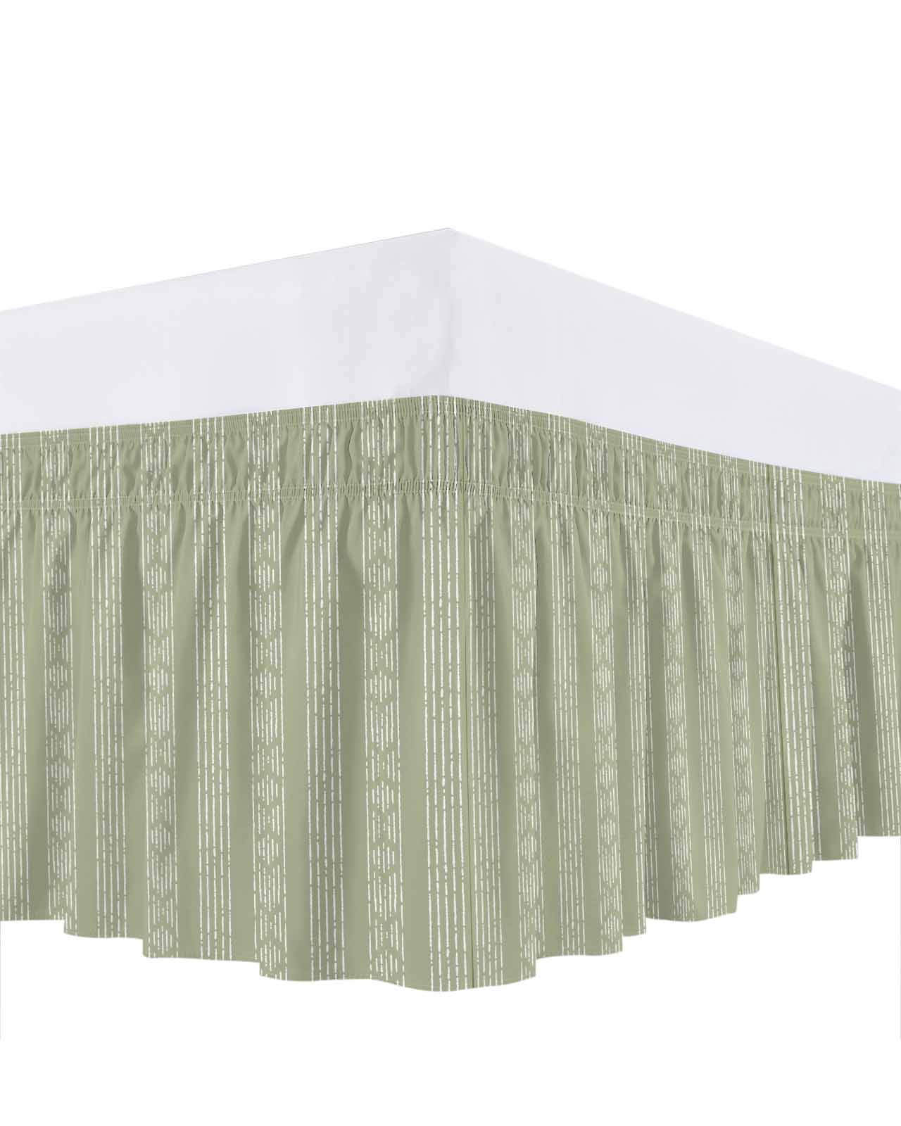 Vintage Bohemian Bed Skirt Farmhouse Tribe Art Green White Bed Skirts King Size 16 Inch Drop, Wrap Around Dust Ruffle&nbsp;Bedskirt with Adjustable Elastic Belt for Queen Size Beds