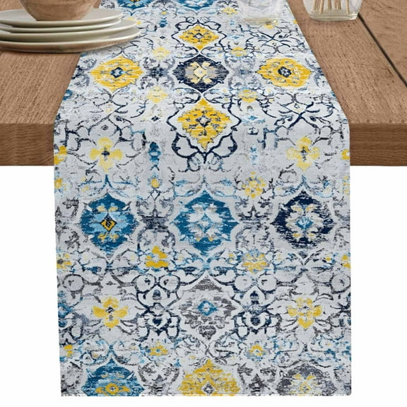 Vintage Bohemian Blue Yellow Pattern Table Runner-70 Inch Long Abstract Tribal Table Runners Linen Burlap Tablerunner for Kitchen Dining Room Holiday Party