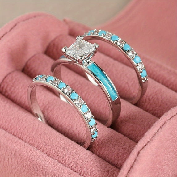 Vintage Bohemian Bridal Ring Set - 925 Silver Copper Plated, Square Zirconia and Green Gem, 3 Engagement and Wedding Jewelry Set, Great for Christmas and Year-round Gifts,6