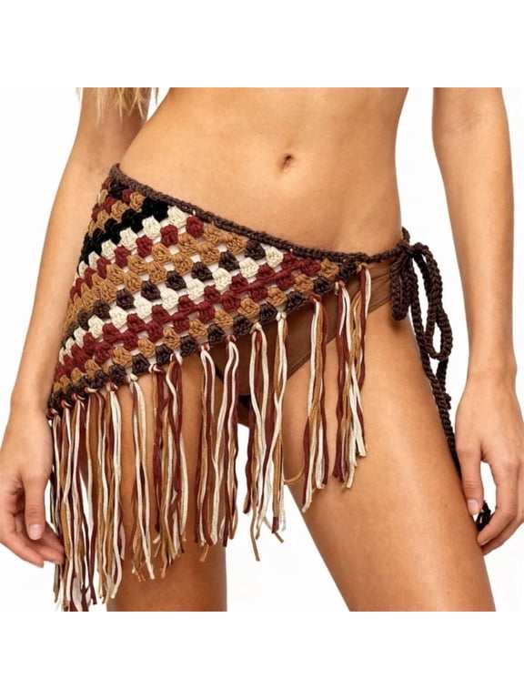 Vintage Bohemian Color Block Crochet Fringe Wrap Skirt, Hollow Out Side Tie Knit Tassel Hip Scarf, Women Hippie Beach Bikini Sarong, Summer Festival Rave Waist Scarf