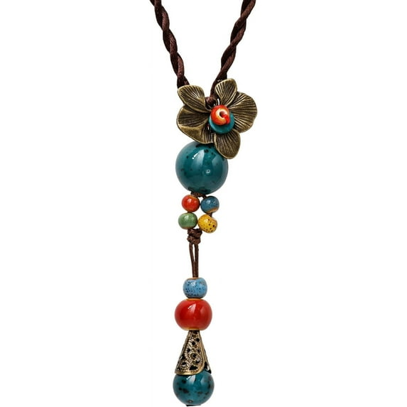 Vintage Bohemian Colorful Ceramic Bead Antique Flower Y Necklace, Vintage Boho Hippie Statement Jewelry Gift for Women