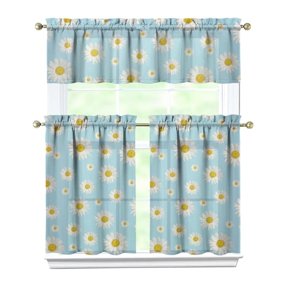 Vintage Bohemian Curtains 36 Inch Short - 3 Panel Rustic Floral Farmhouse Set with Wildflowers, Rod Pocket Window Treatment for Country Kitchen