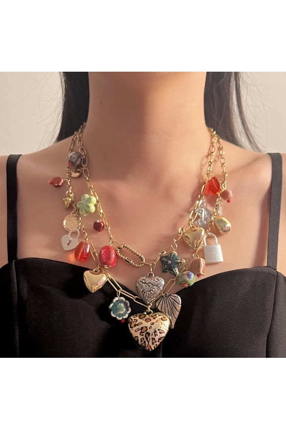 Vintage Bohemian Double-layer Heart-shaped Lock Tassel Pendant Necklace For Women Beach Party Clavicle Jewelry