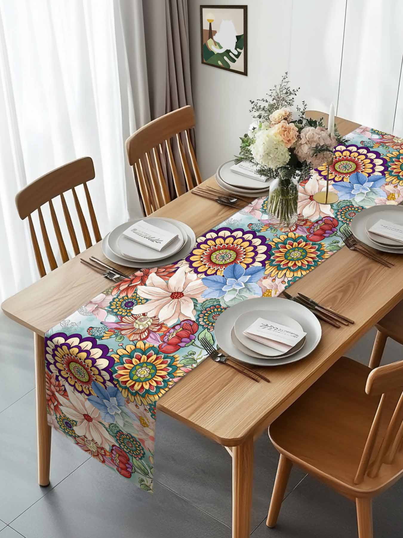 Vintage Bohemian Flowers Table Runner 90 Inches Long, Classic Farmhouse Floral Table Runners Tabletop Scarf Kitchen Dining Tables Decoration for Home Party Indoor Outdoor