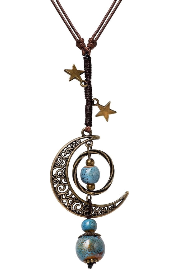 Vintage Bohemian Hippie Ceramic Beads Crescent Moon Lariat Necklace, Boho Hippie Statement Jewelry Gift for Women