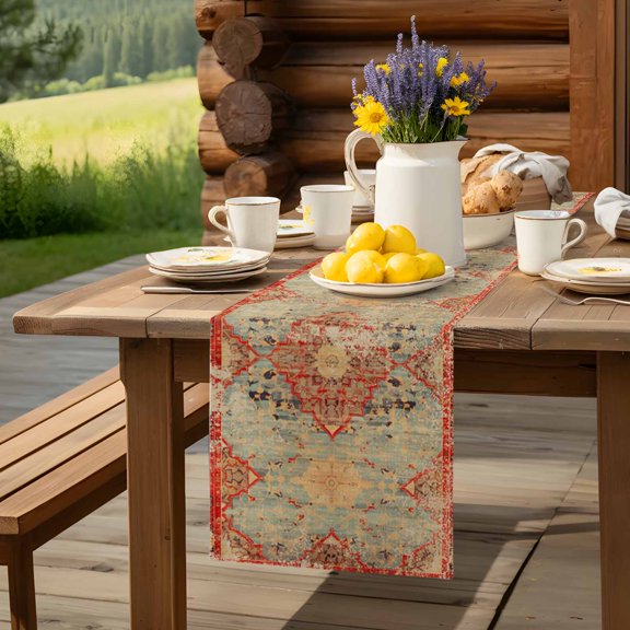 Vintage Bohemian Pattern Table Runner 72 Inch Long Abstract Turkish Tattoos Table Runners Linen Burlap Tablerunner for Kitchen Dining Room Holiday Party