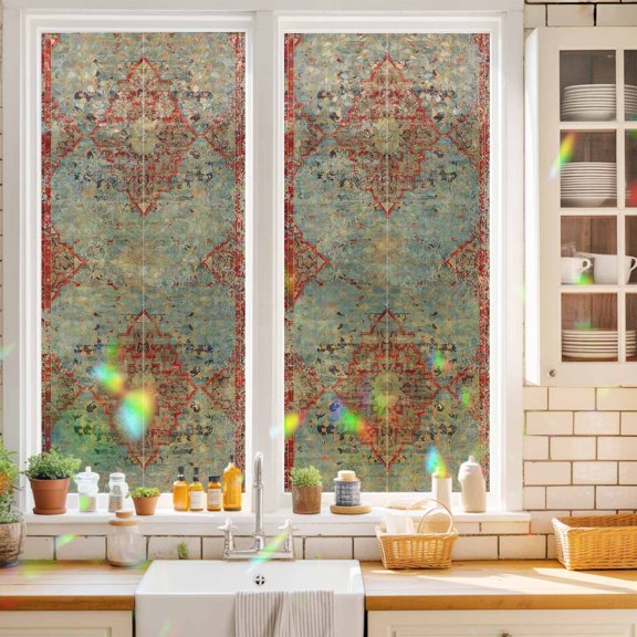 Vintage Bohemian Pattern Window Privacy Film,Decorative Windows Static Cling Abstract Turkish Tattoos Heat Control Removable Glass Sticker for Home Bathroom Bedroom Window Door,17.7x39.3in