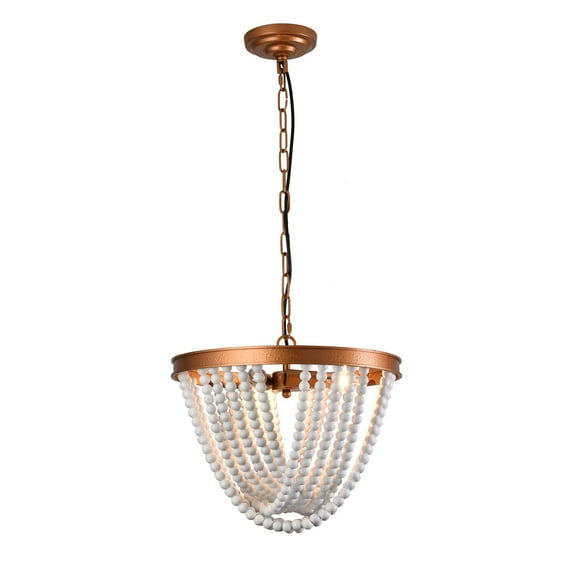3-Light Bohemian Wood Beaded Pendant Light Ceiling Light, Height Adjustable Gold White E12 Bulb Base