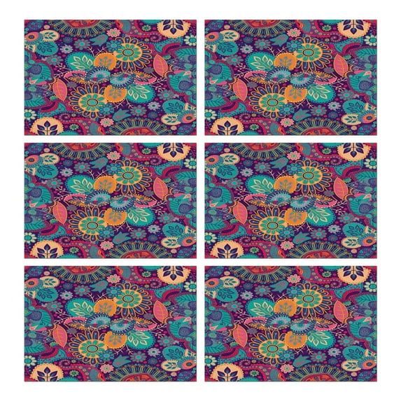 Vintage Bohemian Rustic Flax Placemats Set of 6, 12x18 Inch Boho Chic Tribal Nordic Style Artistic Ethnic Patterns, Washable Earthy Style Table Mats for Dining Room