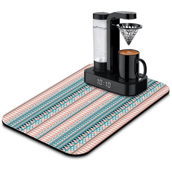 Vintage Bohemian Style Dish Drying Mat, Absorbent Coffee Bar Mat with Ethnic Patterns, Leak-Proof Non-Slip Kitchen Counter Mat for Coffee Makers