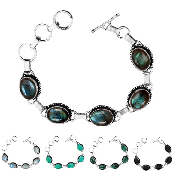 Vintage Bohemian Style Jewelry Oval Shape Onyx, Labradorite, Malachite, Moonstore or Turquoise Gemstone Five Stone Bracelet Handmade