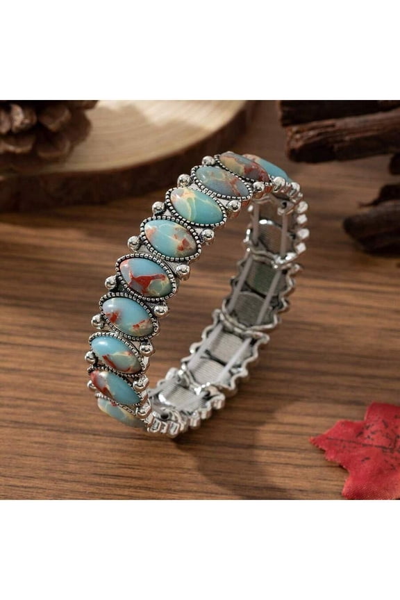 Vintage Bohemian Western Style Faux Stone Bangle Bracelet In Imitation Jade Color For Women