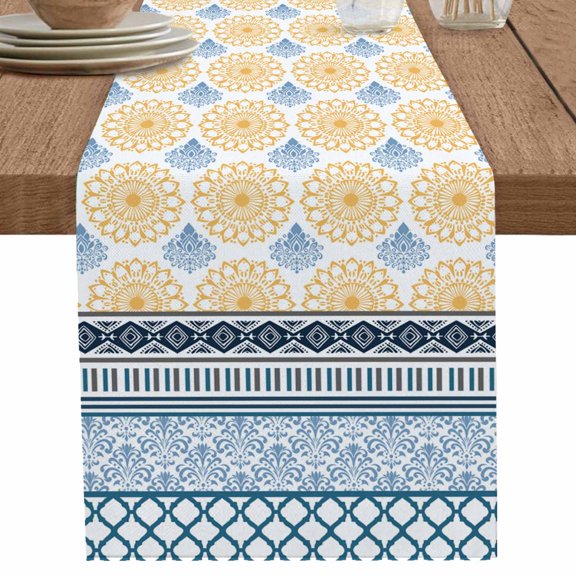 Vintage Bohemian Yellow Geometric Stripes Table Runner-36 Inch Long Medieval Tribal Table Runners Linen Burlap Tablerunner for Kitchen Dining Room Holiday Party
