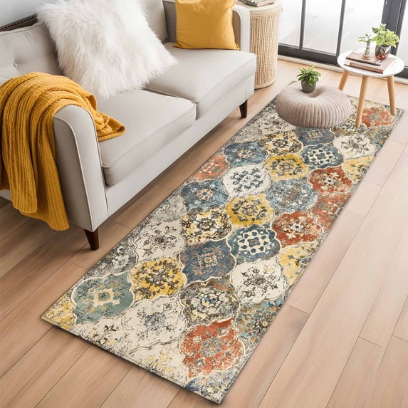 Vintage Boho 2'x6' Runner Rug, Chic Farmhouse Neutral Morocco Geometric Washable Non-Slip Area Rugs for Hallway Kitchen Floor Bedroom Entryway, Long Laundry Carpet Decoration Indoor Mat