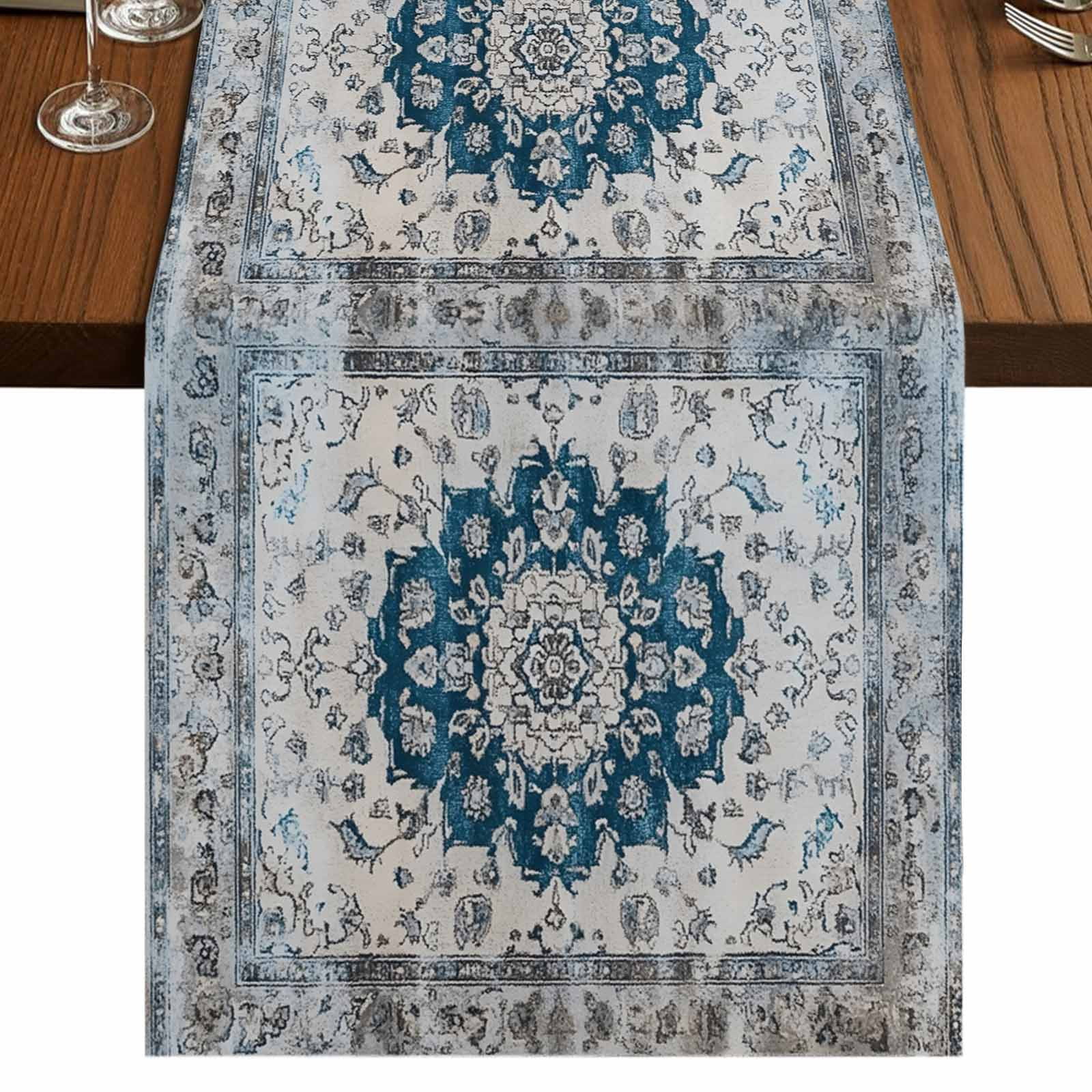 Vintage Boho 36 Inch Table Runner, Retro National Flower Textured Blue ...
