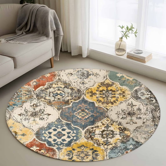 Vintage Boho 3ft Area Rug, Chic Farmhouse Neutral Morocco Geometric Washable Non-Slip Small Round Rugs for Entryway Bedroom Kitchen, Soft Circle Carpet for Dining Room, Playroom Nursery Rug