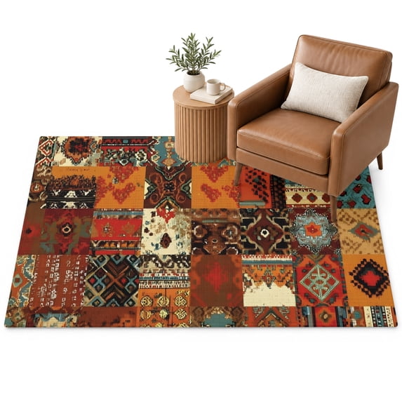 Vintage Boho Area Rug 3'x5', Rust Brown Exotic Geometric Soft Mat Non ...