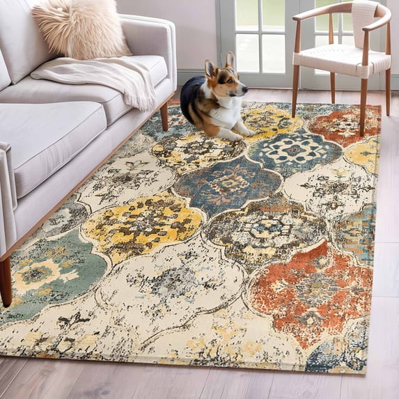 Vintage Boho Area Rug 4'x6', Chic Farmhouse Neutral Morocco Geometric Washable Non-Slip Rugs, Low Pile Large Carpet for Living Room Bedroom Dining Room Kitchen Office Indoor Mat