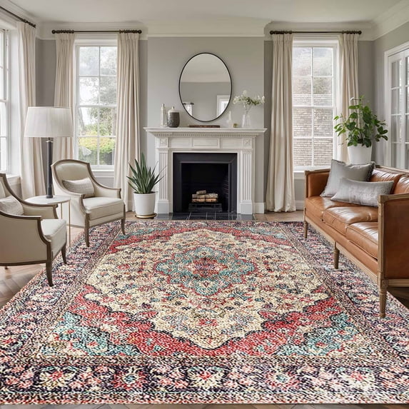 Vintage Boho Area Rug 6x9 FT, Non Slip Living Room Throw Carpet, Modern Geometric Aesthetics Abstract Art Washable Soft Large Floor Carpet Non-Shedding Rug for Bedroom Dining Room Play Room