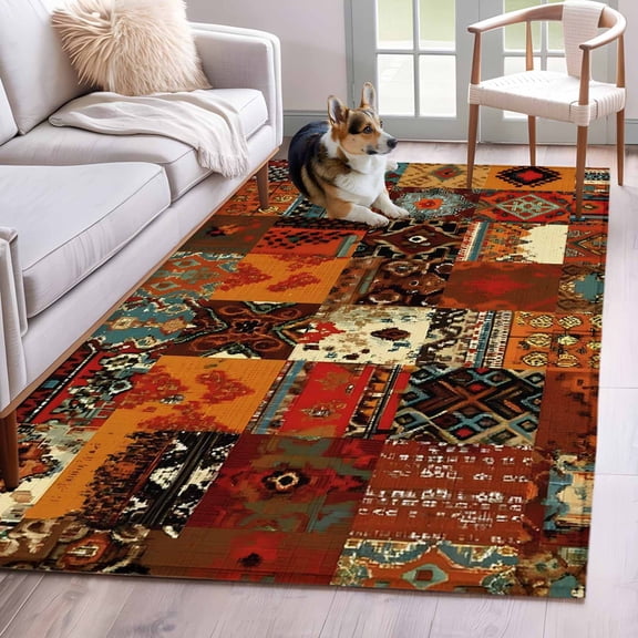 Vintage Boho Area Rugs 3x5 ft Rust Brown Exotic Ethnic Native Geometric Washable Rug Non Slip Indoor Carpet Absorbent Floor Mat for Living Room Bedroom Dining Room