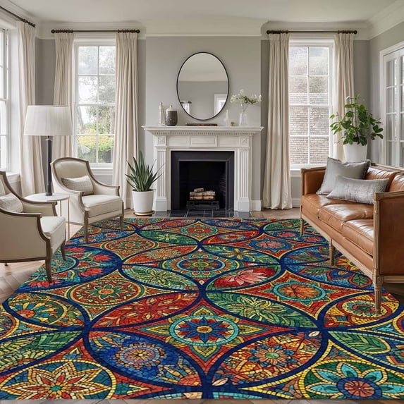 Vintage Boho Area Rugs 5'x7', Washable Small Throw Rugs for Laundry Room Playroom, Ethnic Floral Geometric Green Blue Red Indoor Outdoor Rug Non-Slip Low Pile Carpet Runner Reversible Floor Mats